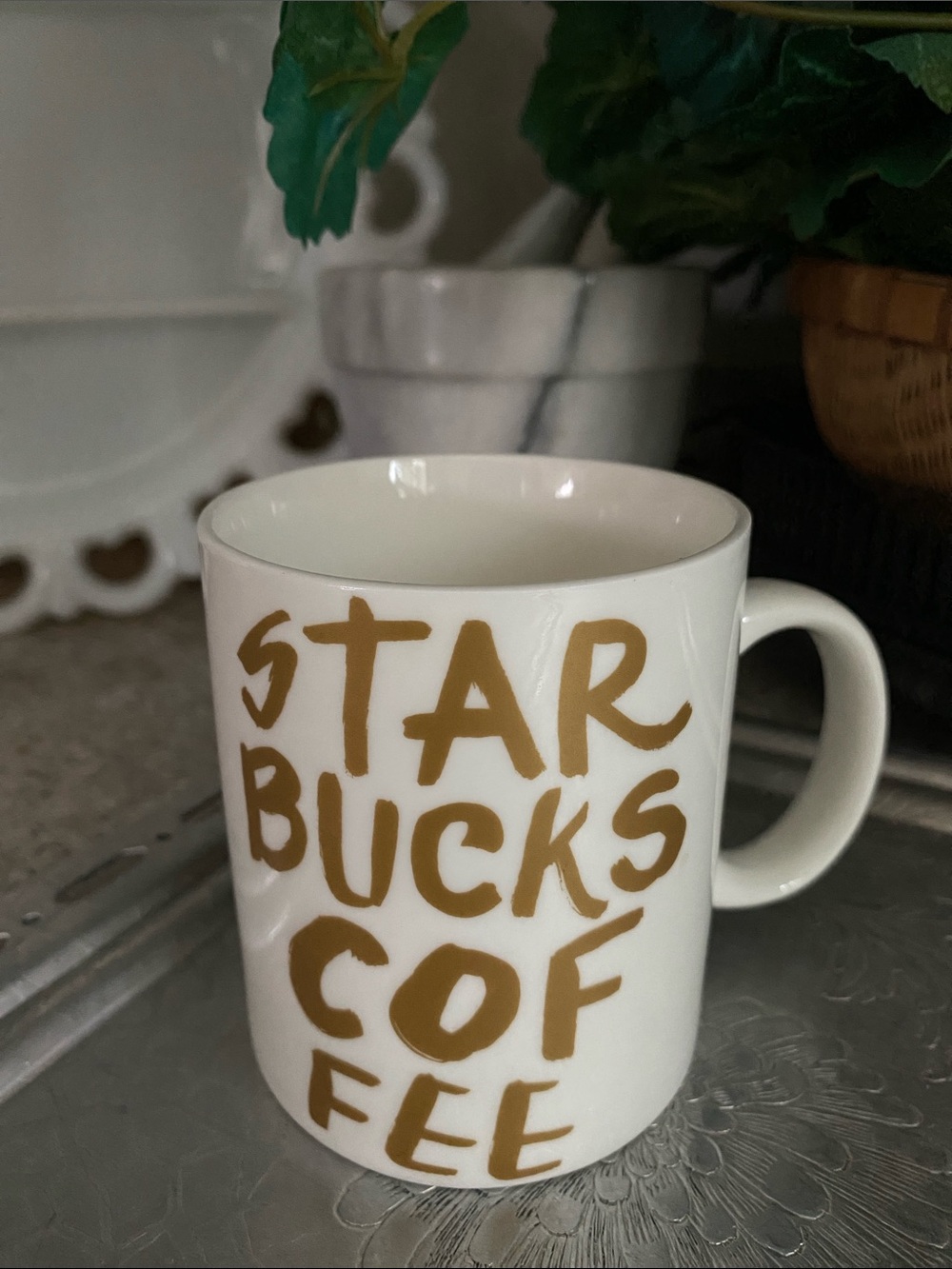 NWOT=2015 Starbucks “Graffiti Style” Gold Lettering White Coffee Mug 12 0z.